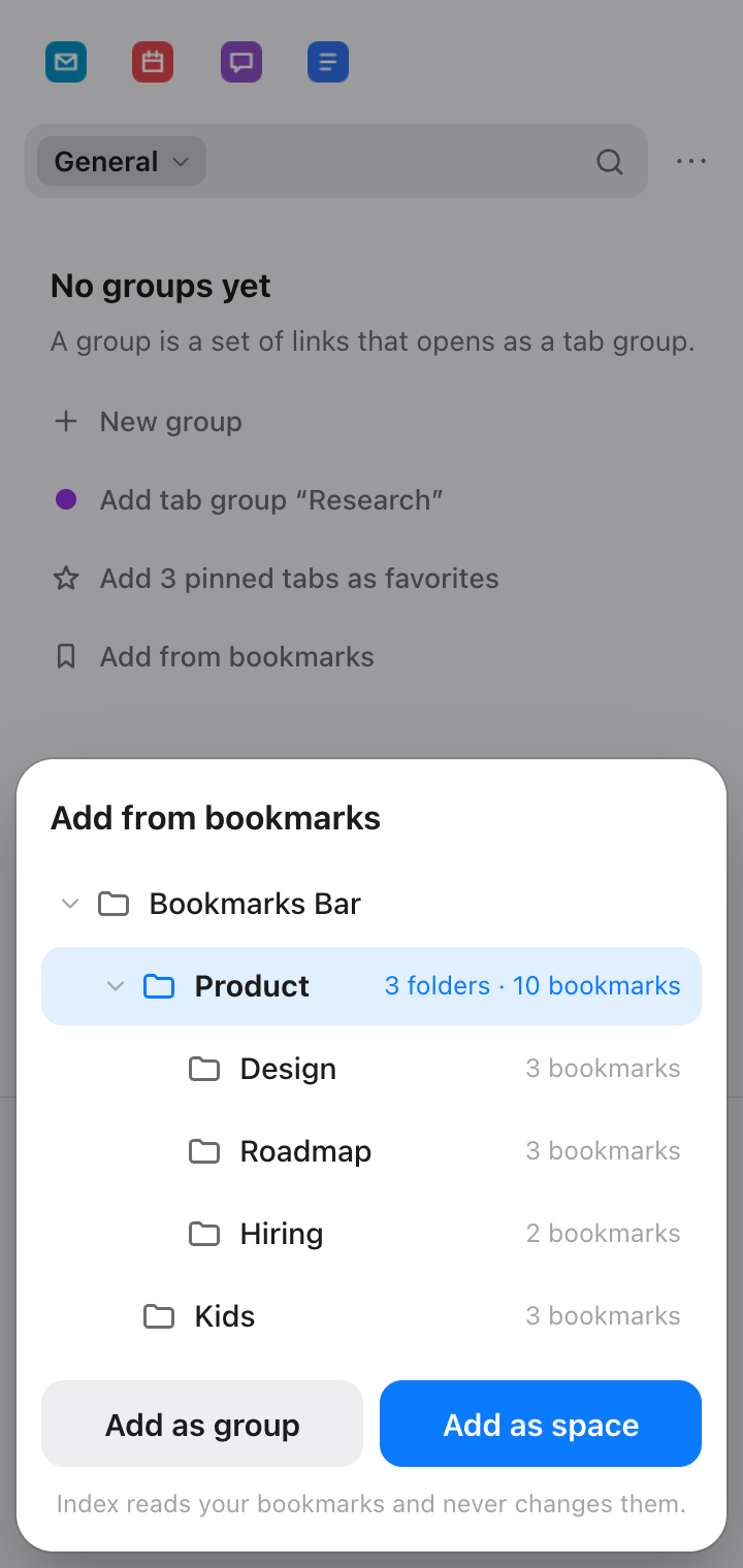 Add from bookmarks: the Bookmarks Bar with a Work folder chosen, holding Design, Planning and Hiring folders, and buttons to add it as a group or as a space.