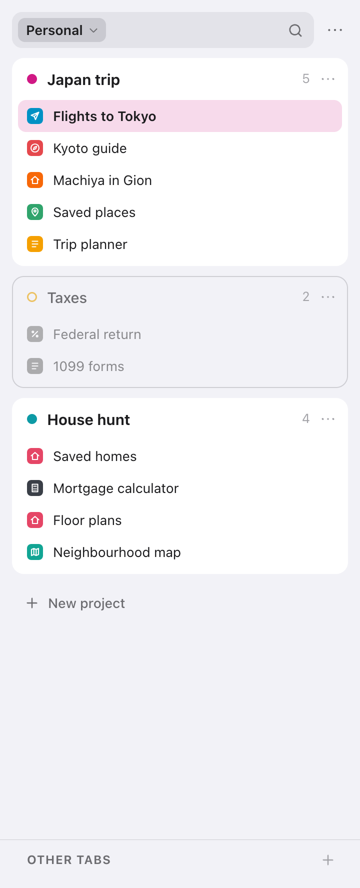 The Personal workspace in the Index side panel