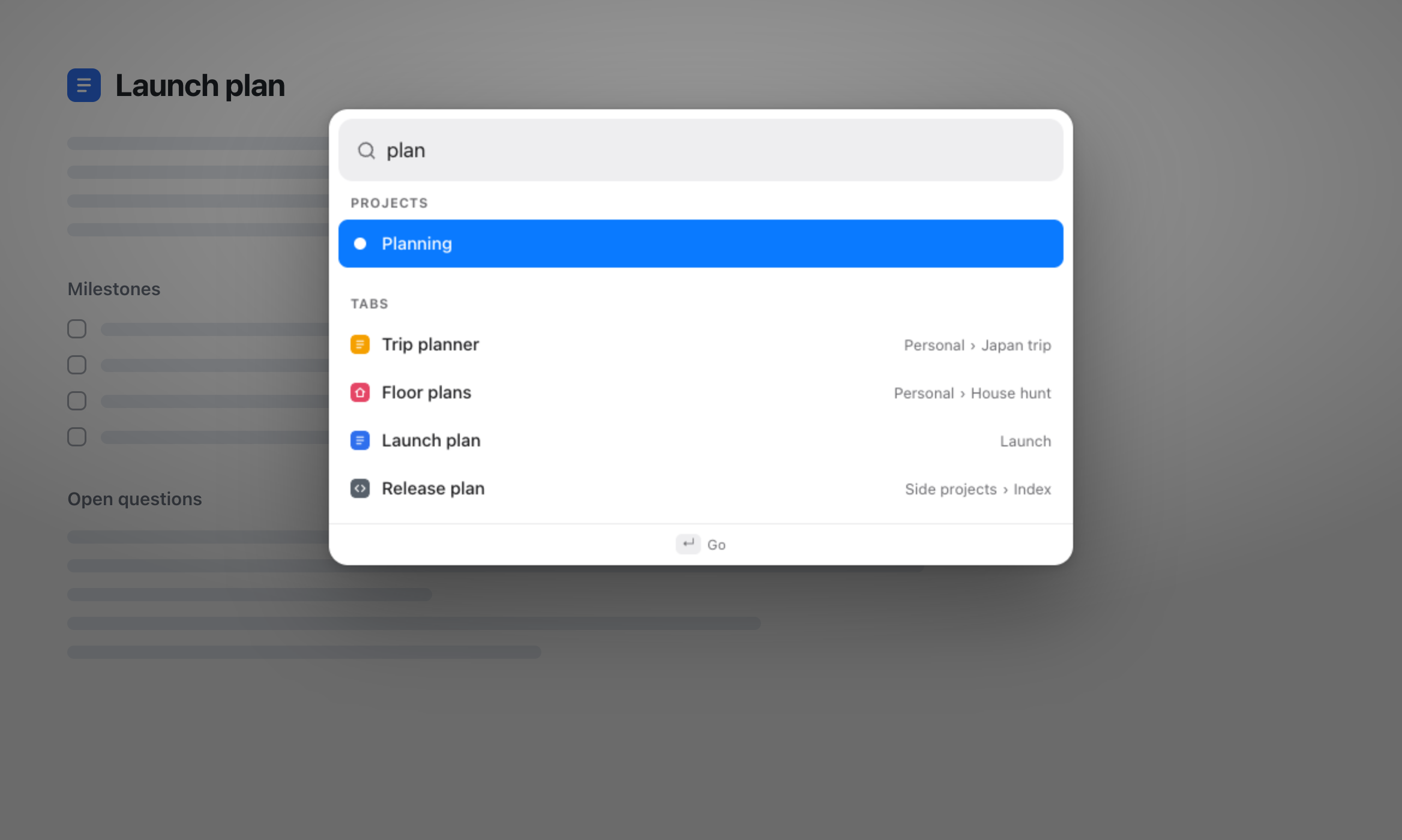 Index search open over a page, finding projects and links as you type