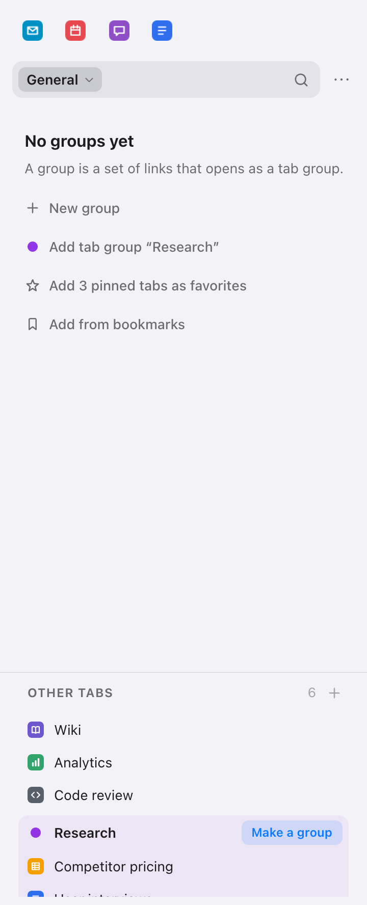 A space with no groups yet, offering New group, Add tab group Research, Add 3 pinned tabs as favorites, and Add from bookmarks; under them, Other tabs with the Research tab group and a button to make a group from it.