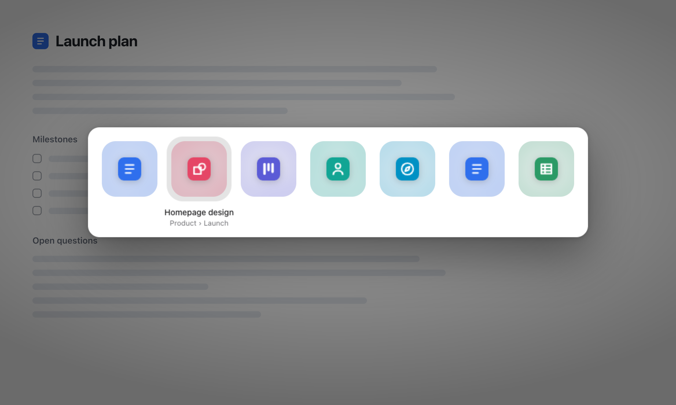The tab switcher over a page: a row of site icons for the tabs last in front, from the Work and Personal spaces, with the chosen one named under it and where it lives.