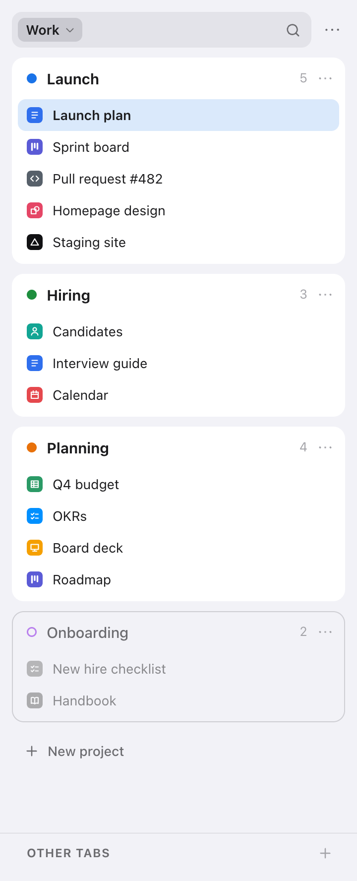 The Work workspace in the Index side panel